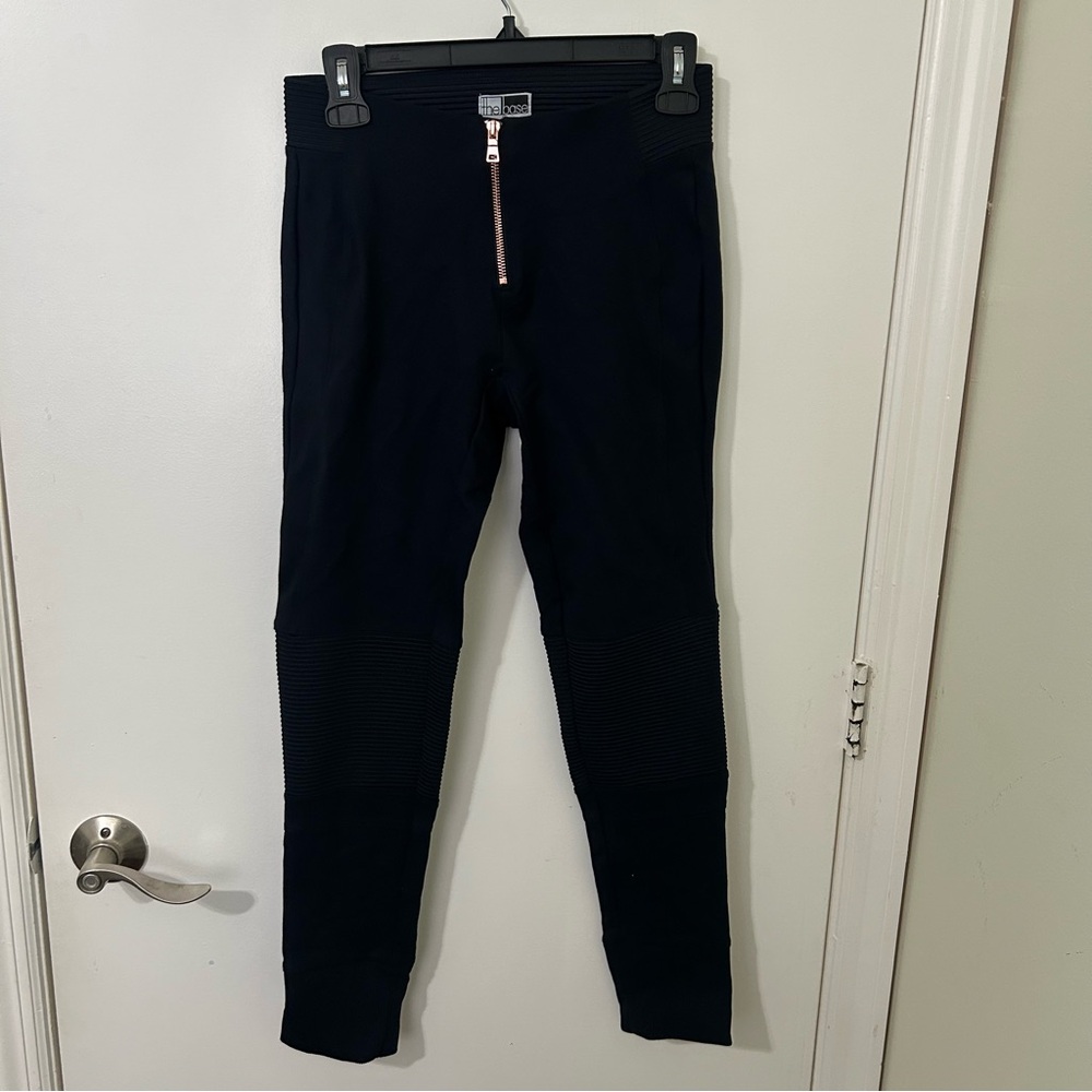 Women’s Black Skinny Ribbed Knee Zipper Accent Moto Pants Trousers